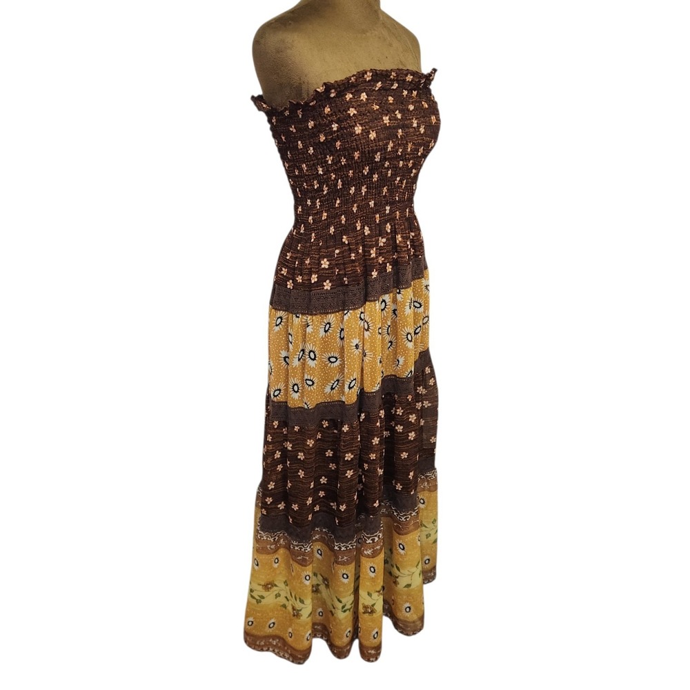 New Glory Dress Size S Brown Yellow Floral Tube Fall Colors Sunflowers Boho